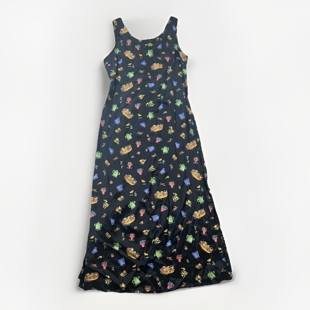 Vintage Nina Piccalino Black Garden Print Maxi Dress Size 10 Artsy 90s Farmcore